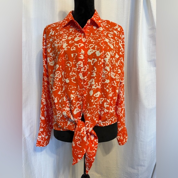 Nine West Orange & White print button down long sleeve blouse size medium - Picture 1 of 9